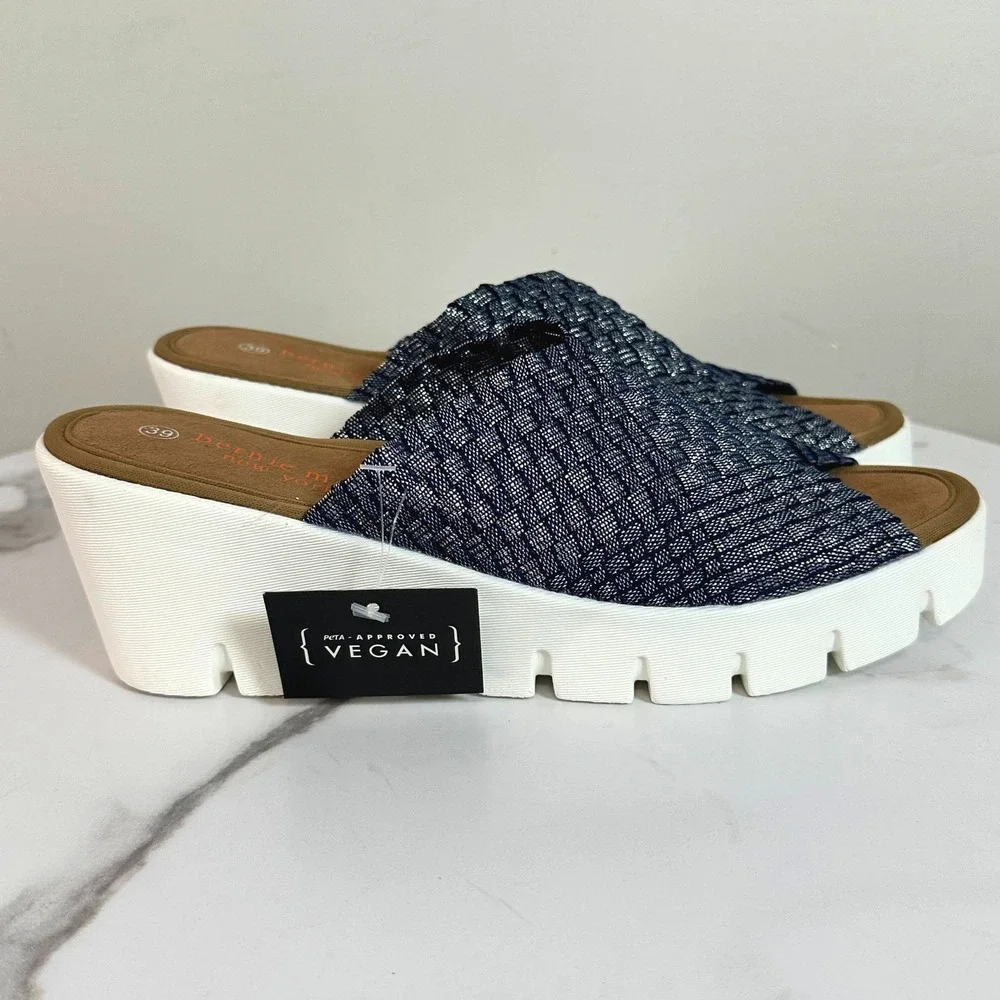 Bernie Mev New York Womens Metalic Navy Woven Platform Wedge Sandals SZ 39 NEW